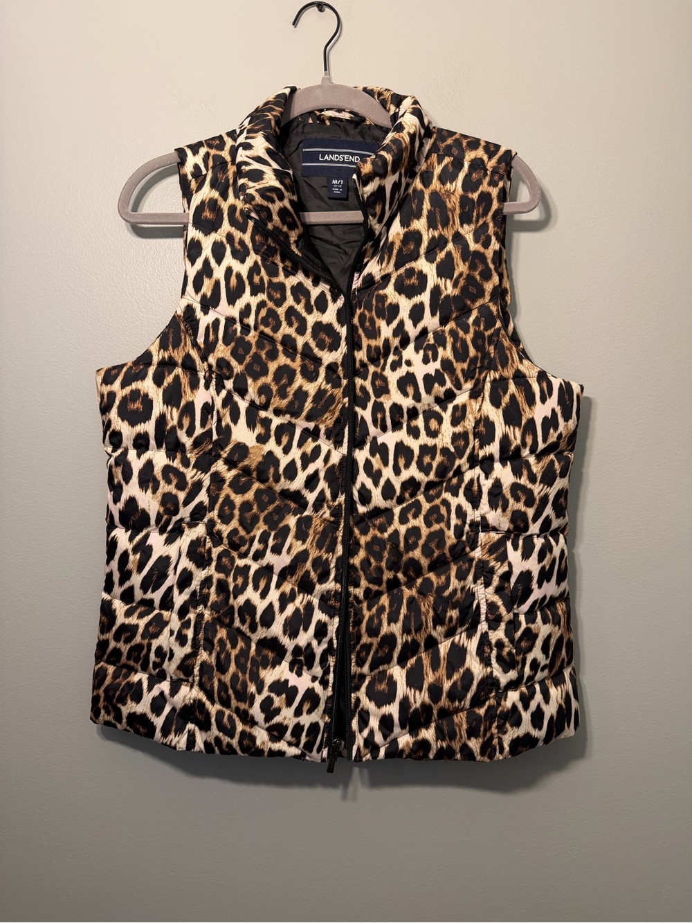 Lands' End Leopard-Print Quilted Puffer Vest - Brown, Black & Cream